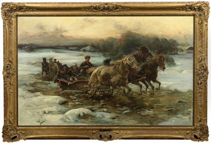 Blick Auf Zwei Heimwarts 
Fahrende Schlittengespanne In Tief Verschneiter Russischer 
Winterlandschaft. Seltenes, Grosformatiges Werk Des Bedeutenden 
Polnischen Kunstlers, Der Ab 1876 In Munchen Ansassig War. Einen Namen 
Machte Er Sich Besonders Dur Oil Painting by Alfred Wierusz-Kowalski