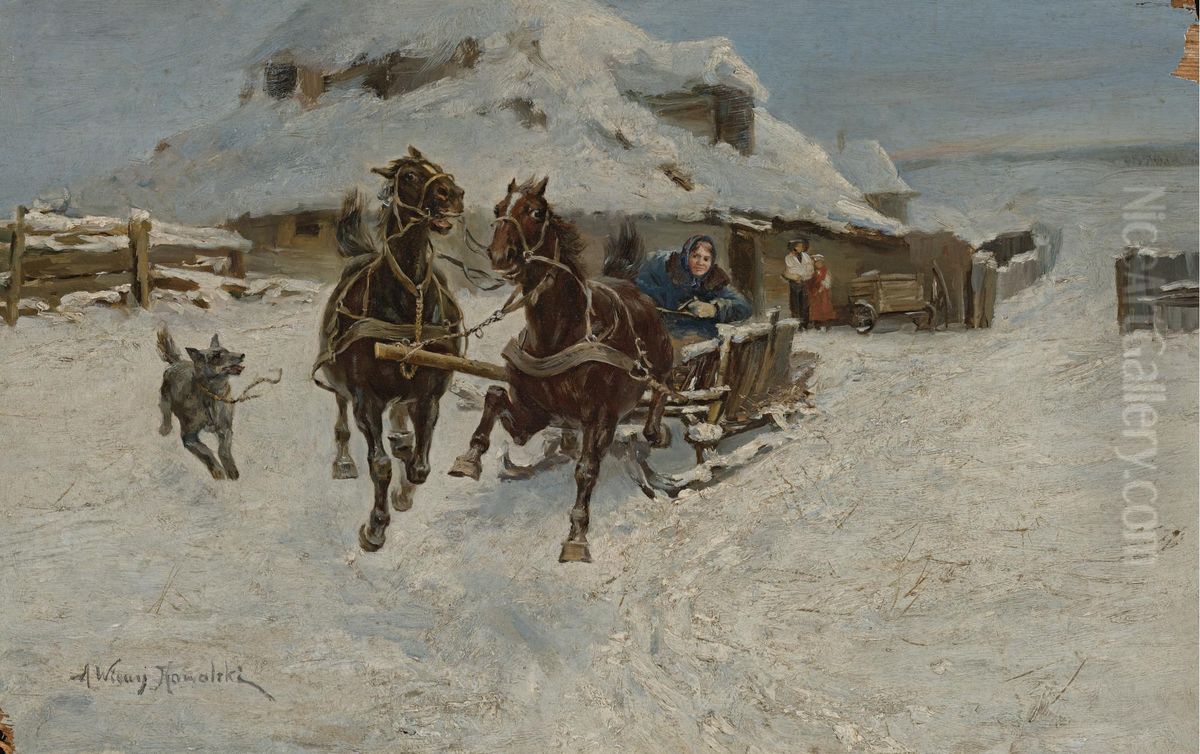 Troika Ride Oil Painting by Alfred Wierusz-Kowalski
