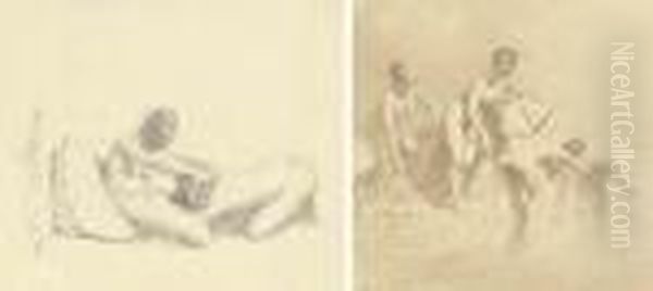 Quatre Jeune Filles Nues Se 
Baignant Dans La Mer; Et Une Sceneerotique Avec Une Fille Nue Couchee 
Devant Une Autre Oil Painting by Mihaly von Zichy