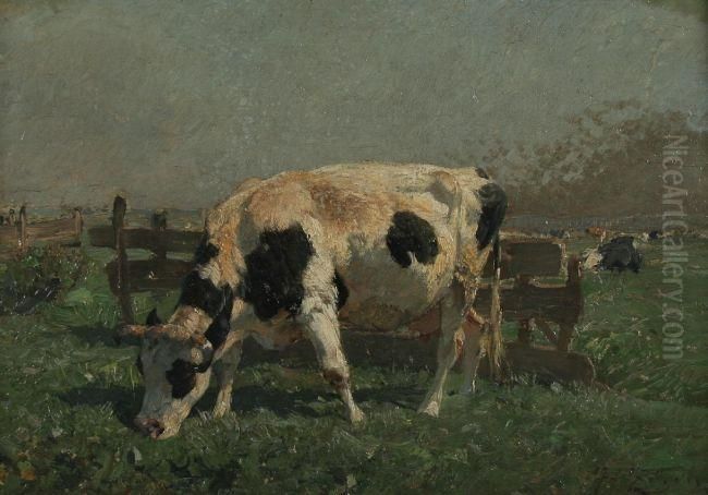 Kuh Am Gatter Oil Painting by Heinrich Johann Von Zugel