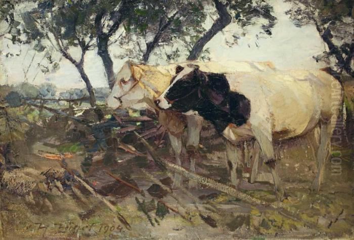 Zwei Kuhe Auf Der Weide. Oil Painting by Heinrich Johann Von Zugel