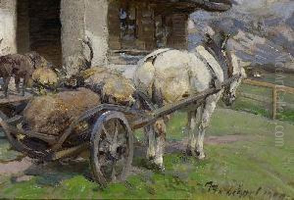 Pferdekarren Mit Jagdbeute Vor Der
 Almhutte. Oil Painting by Heinrich Johann Von Zugel