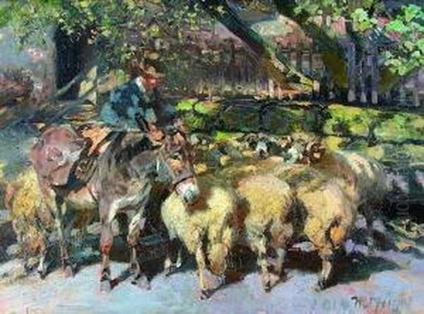 Hirte Mit Schafherde Und
 Maultier Oil Painting by Heinrich Johann Von Zugel
