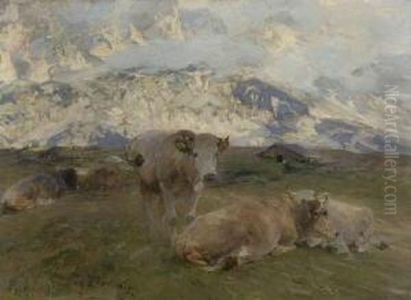 Ruhende Kuhe Auf Einer
 Hochalm. Oil Painting by Heinrich Johann Von Zugel