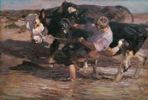 Wasserscheu. Bursche Mit Zwei
 Widerspenstigen Rindern Im Altrhein.

 Ol Auf Leinwand. H 140; B 200 Oil Painting by Heinrich Johann Von Zugel