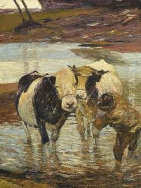 Huter Mit Zwei Rindern Im
 Wasser. Oil Painting by Heinrich Johann Von Zugel