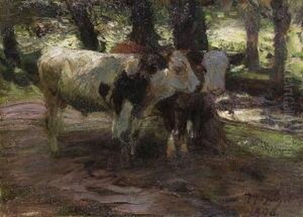 Zwei Jungrinder Unter
 Baumen. Oil Painting by Heinrich Johann Von Zugel