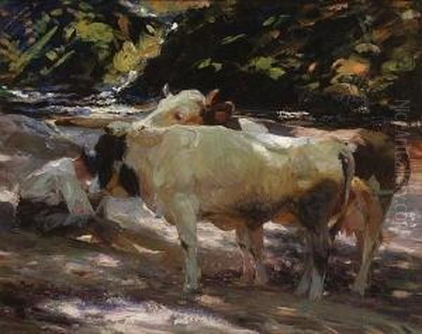 Hirte Mit Kuhen Am
 Waldbach. Oil Painting by Heinrich Johann Von Zugel