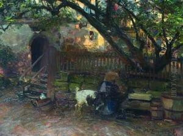 Madchen Mit Ziegenbock Am
 Brunnen Oil Painting by Heinrich Johann Von Zugel