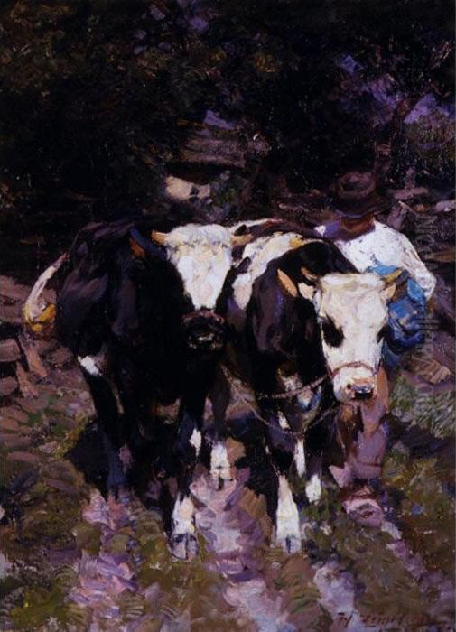 Two Harnessed Calves Oil Painting by Heinrich Johann Von Zugel