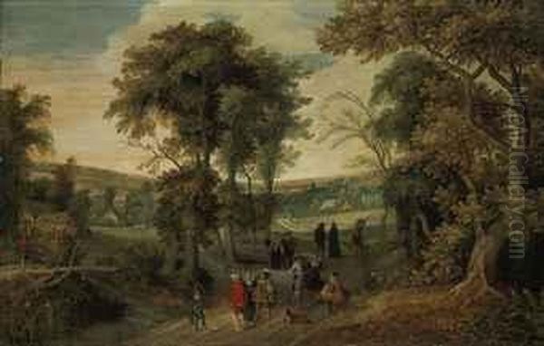 A Wooded Landscape With Elegant Figures Riding, Shooting Andconversing, A Village Beyond Oil Painting by Sebastien Vrancx