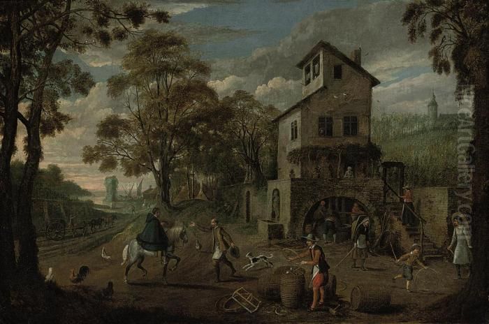 Autumn: A Village Landscape With
 A Cooper At Work And Peasantspressing Grapes, A Vineyard Beyond Oil Painting by Sebastien Vrancx