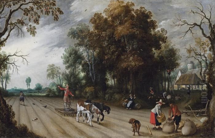 An Allegory Of Autumn: A Farmer 
Harrowing A Field While Anothersows, With Peasants Gathering Apples In 
An Orchard Beyond Oil Painting by Sebastien Vrancx