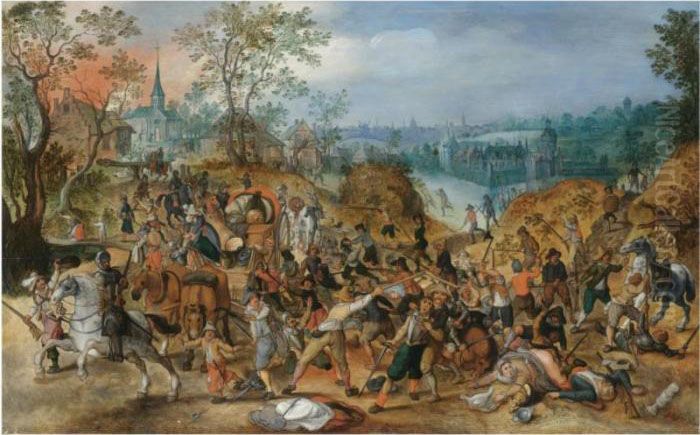 A Landscape With Travellers Ambushed Outside A Small Town Oil Painting by Sebastien Vrancx