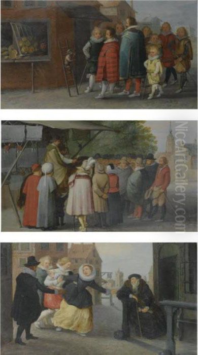 A Crowd Watching An Entertaining Monkey;
 A Salesman Addressing A Crowd;
 A Woman Escaping The Clutch Of Three Men As A Seated Gentleman Looks On Oil Painting by Sebastien Vrancx