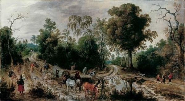 A Wooded Landscape With 
Travellers In A Horse-drawn Cart, Peasants And Cattle On A Country Road Oil Painting by Sebastien Vrancx