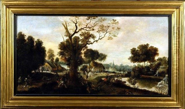 [soldats Assiegeant Un Village 
Defendu Par Des Paysans .] Huile Sur Panneau. Au Dos, La Main D'anvers 
Et La Marque Du Fabricant De Panneaux F.v.t. Pour Franchoys Van Thienen -
 Actif Oil Painting by Sebastien Vrancx