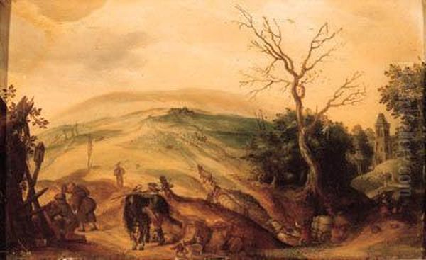 A Traveller And Pilgrims Halting
 Near A Chapel On A Country Road, Achurch And A Valley Beyond Oil Painting by Sebastien Vrancx