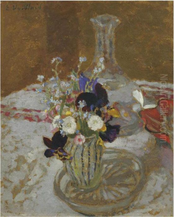 Bouquet De Pensees, De Myosotis Et De Pquerette, Devant Une Carafe, Sur Une Table Oil Painting by Jean-Edouard Vuillard
