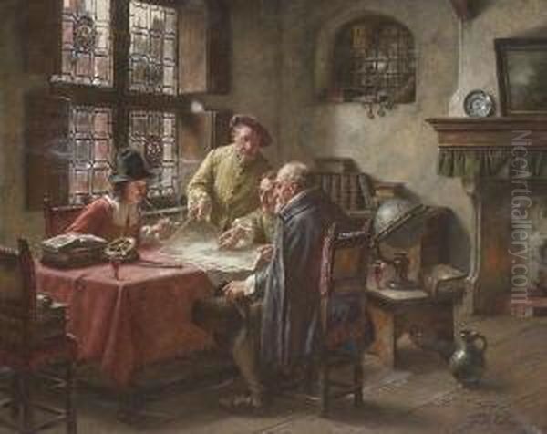 Herrenrunde In Hollandischer Stube
 Beim Kartenstudium. Oil Painting by Fritz Wagner