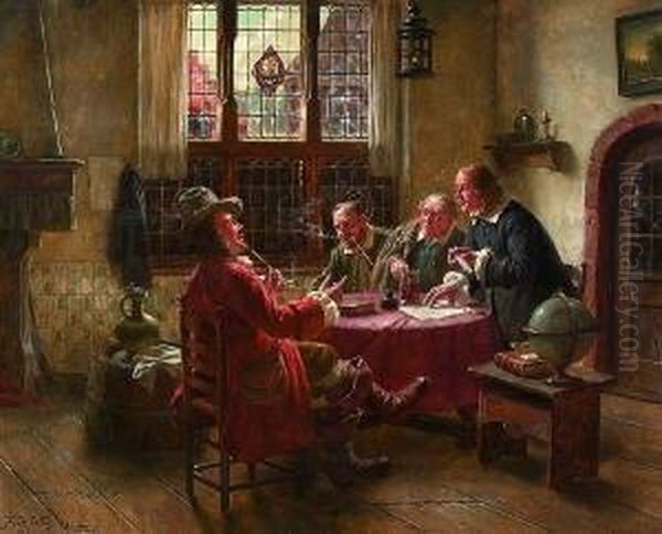 Vier Manner Beim Aufsetzen Eines
 Schriftsatzes. Oil Painting by Fritz Wagner