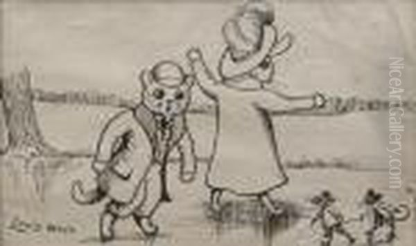Cats And Mice Iceskating Oil Painting by Louis Wain
