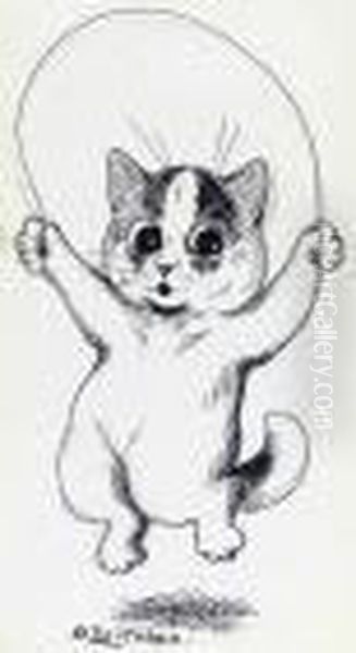 A Skipping Cat Oil Painting by Louis Wain