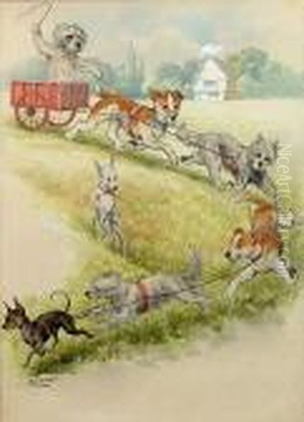 Dog Team Oil Painting by Louis Wain