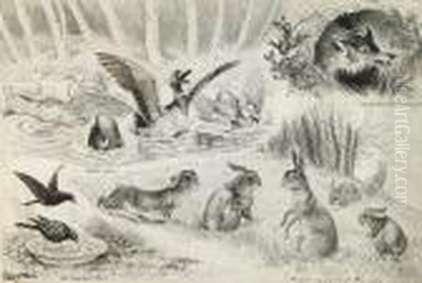 Untitled, Animals Cavorting At A Pond Oil Painting by Louis Wain