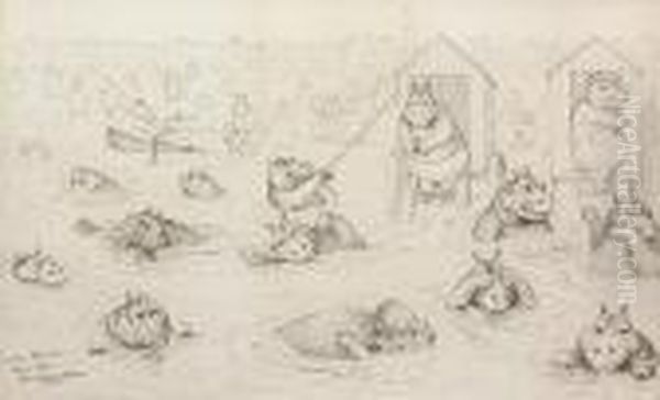 Hippos At The Seaside Oil Painting by Louis Wain