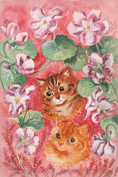 Tabby And Pansies Oil Painting by Louis Wain