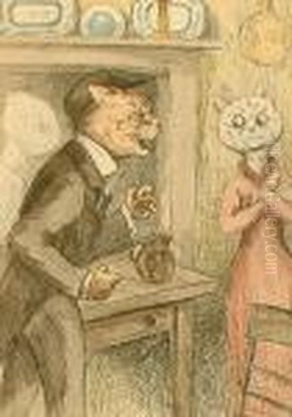 Two Cats In An Interior Oil Painting by Louis Wain