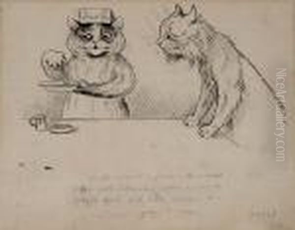 Nurse Cat Mixing A Concoction With Patient Lookingon Oil Painting by Louis Wain