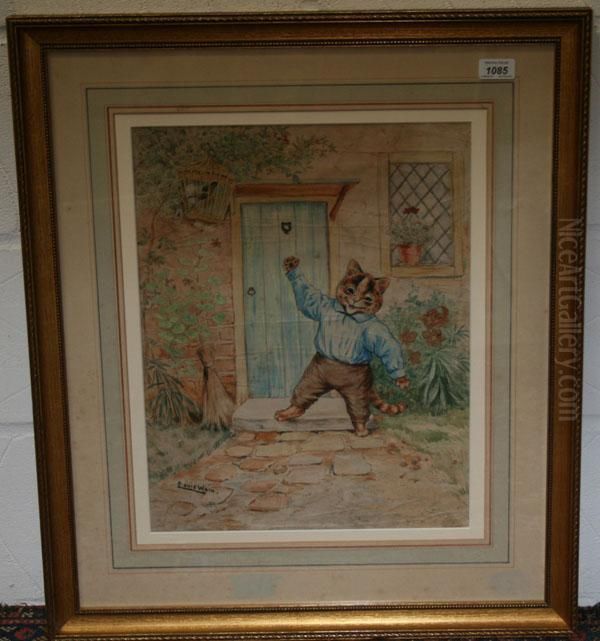 Waving Cat Beside A Cottage Door Oil Painting by Louis Wain