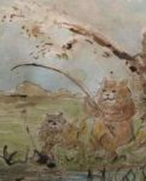 Netting The Catch Oil Painting by Louis Wain