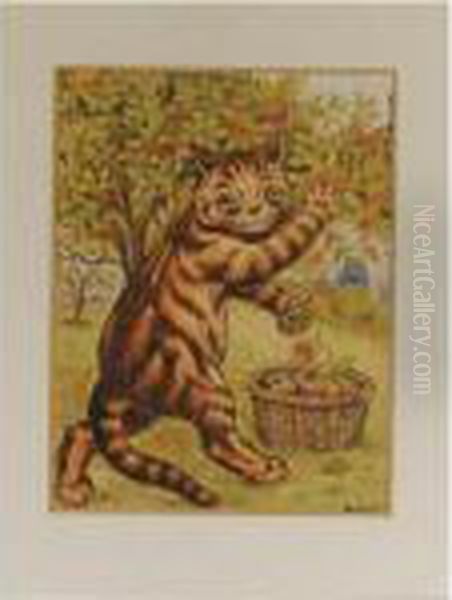 Cat In Orchard Picking Apples Oil Painting by Louis Wain