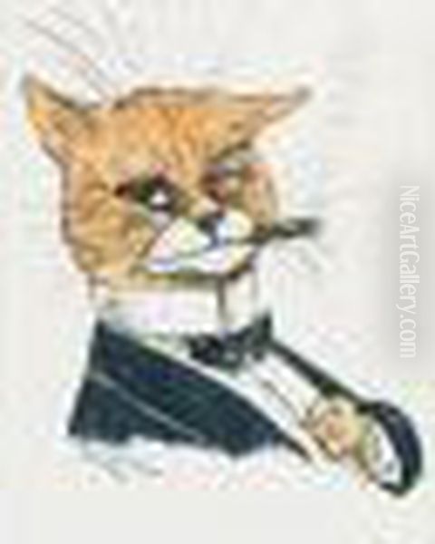A Humorous Cat Smoking And Dressed In A Evening Suit And Dicky Bow. Oil Painting by Louis Wain