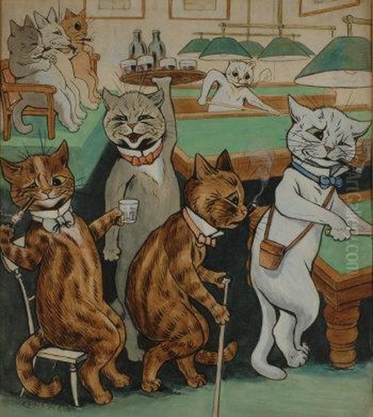 Snooker Hall With Catsplaying Oil Painting by Louis Wain