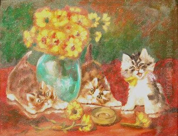 Three Kittens And Flowers In A Vase Oil Painting by Louis Wain