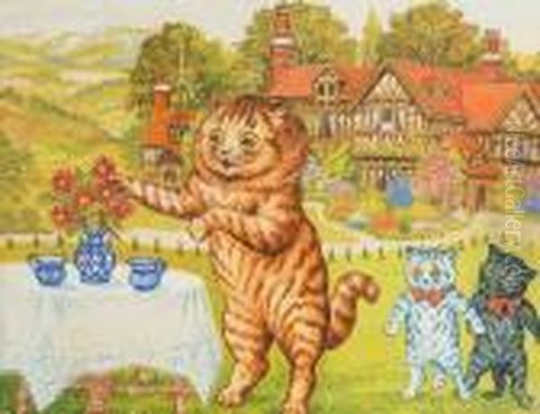 A Tea Party On The Lawn Oil Painting by Louis Wain