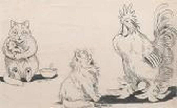 The Shocked Cat And The Very Largerooster Oil Painting by Louis Wain
