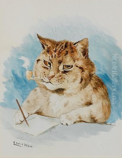 Cat Writing Oil Painting by Louis Wain