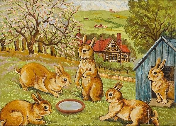 Springtime Rabbits Oil Painting by Louis Wain