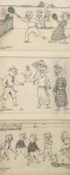 Tom And Dick Play Tennis; Tom 
And Dick Play Golf; Tom And Dick Being Taught How To Swim By A Really 
Gorgeous Mariner, Three Within One Frame Oil Painting by Louis Wain