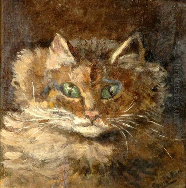 Cat Portrait Head, Signed Oil On Board,16x16cm Oil Painting by Louis Wain