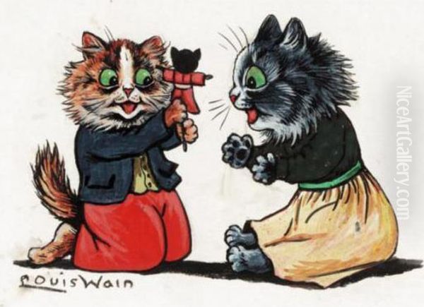 Playing With Dolly Oil Painting by Louis Wain