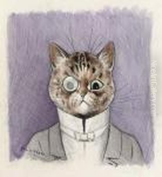 A Gentleman Cat, Monocle In Place Oil Painting by Louis Wain