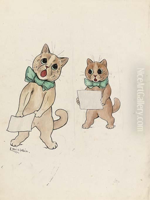 Singing Cats In Green Bow Ties Oil Painting by Louis Wain