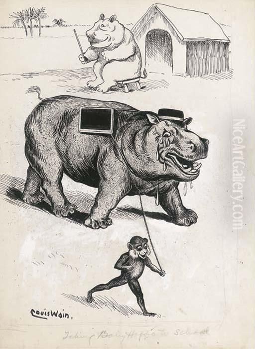 Taking The Bawling Hippo To School Oil Painting by Louis Wain