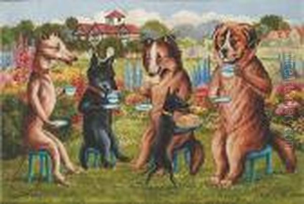 Dog's Tea Party Oil Painting by Louis Wain